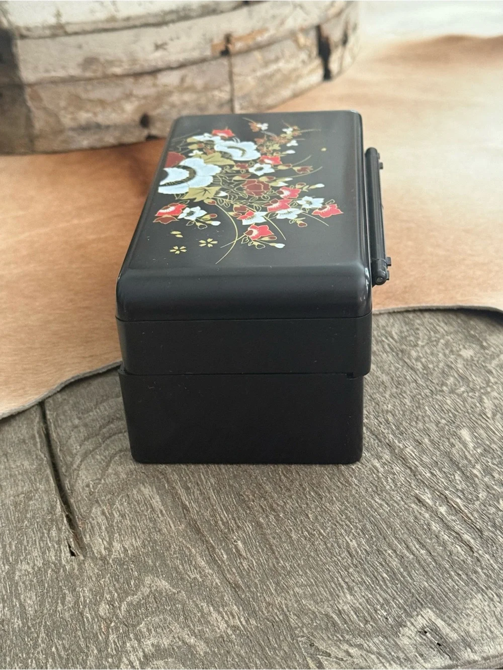 Vintage Asian Black Floral Lacquered Jewelry Box